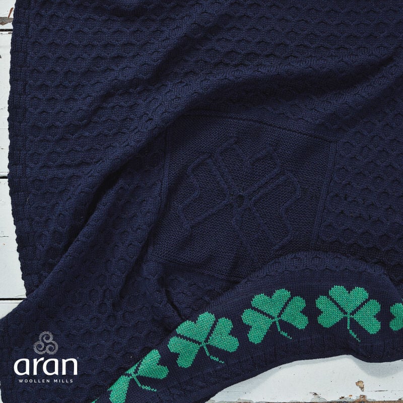 Aran Woollen Mills 100% Merino Wool Shamrock Throw, Navy Colour