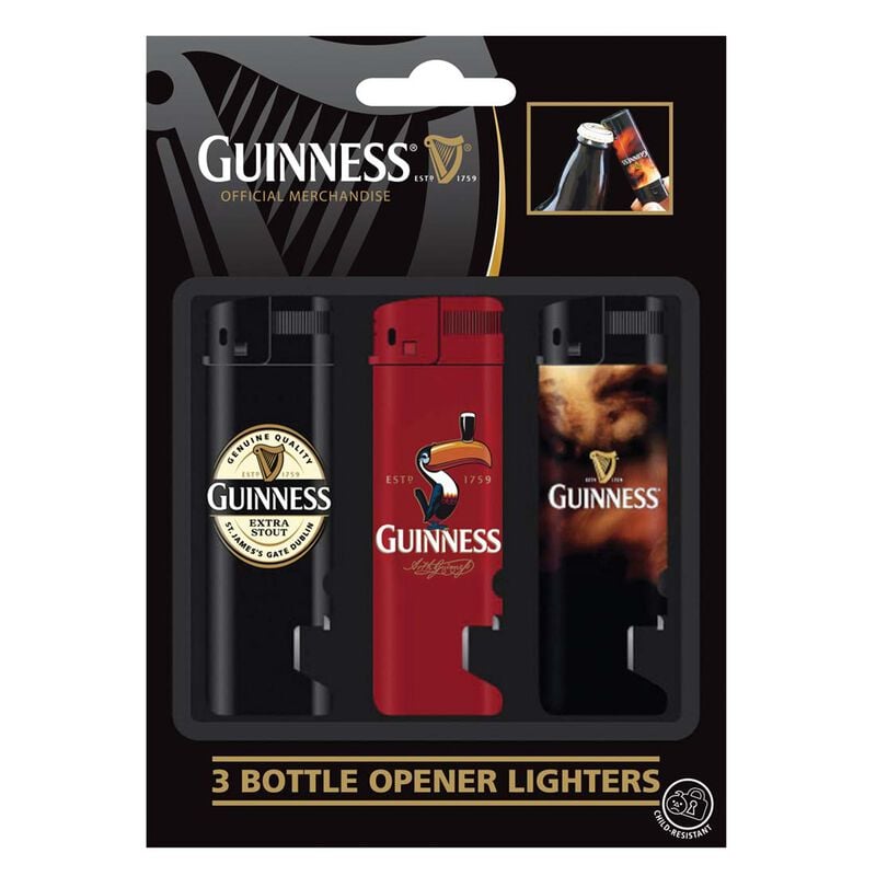 3 Pack Guinness Electronic Lighter And Bot. Opener; Lapel  Red Toucan And Smoke