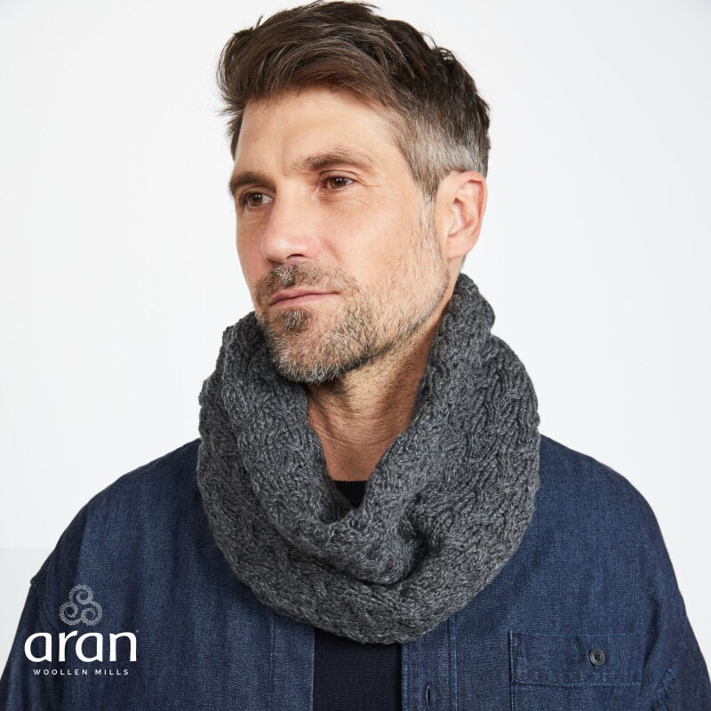Aran Woollen Mills Super Soft Merino Wool Infinity Cabled Scarf In Dark Grey