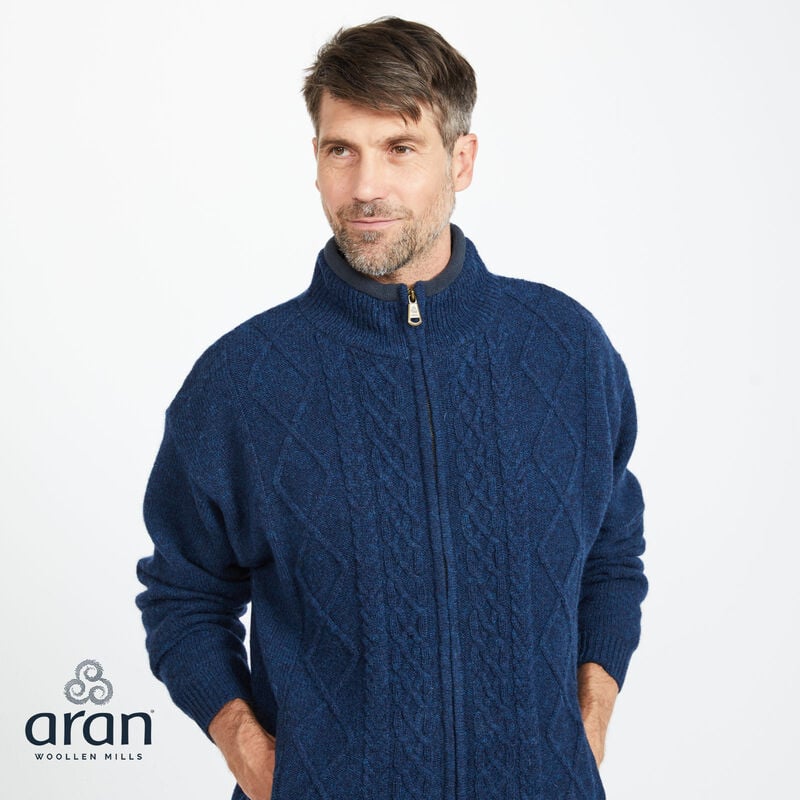 Lined Shetland Wool Zipper Aran Cardigan, Navy Colour