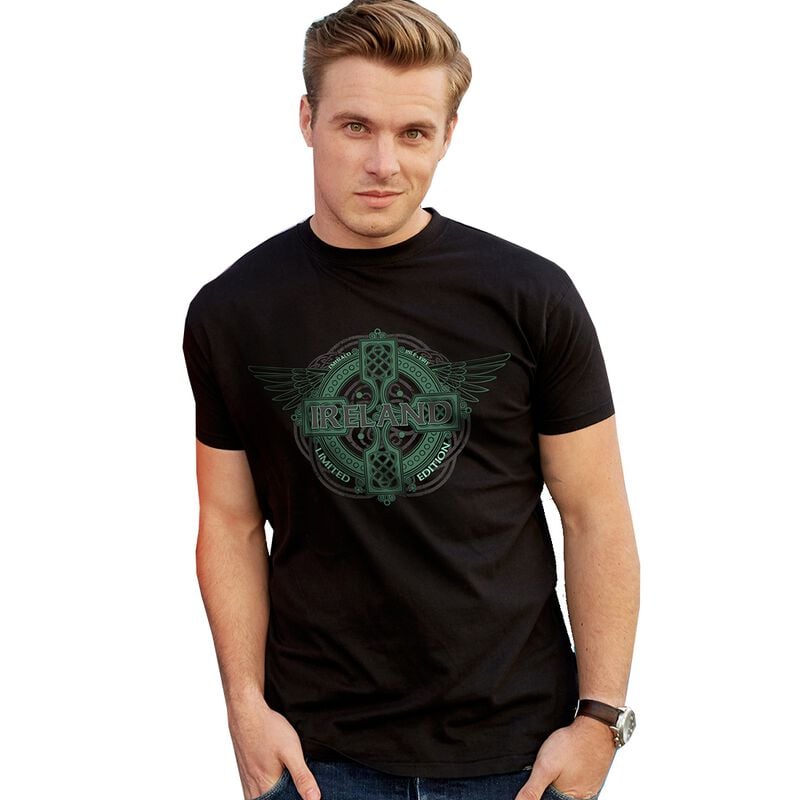 Black Ireland Limited Edition T-Shirt With Celtic Cross And Wings Design