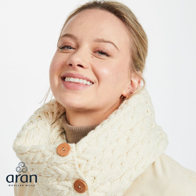 Aran Woollen Mills 100% Merino Wool Snood Scarf With Buttons Natural