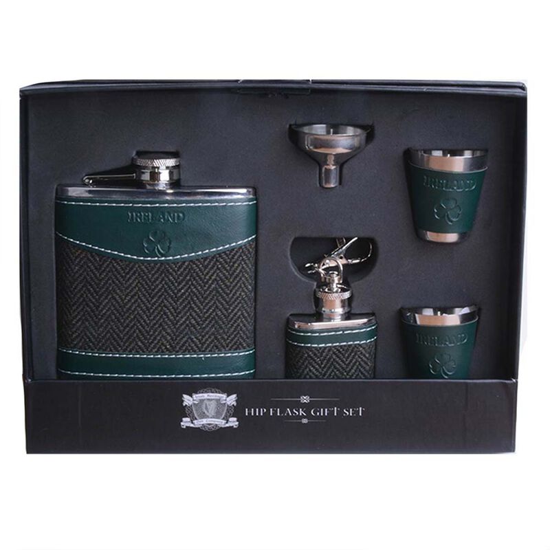 6OZ Hip Flask Set With Green herringbone Design