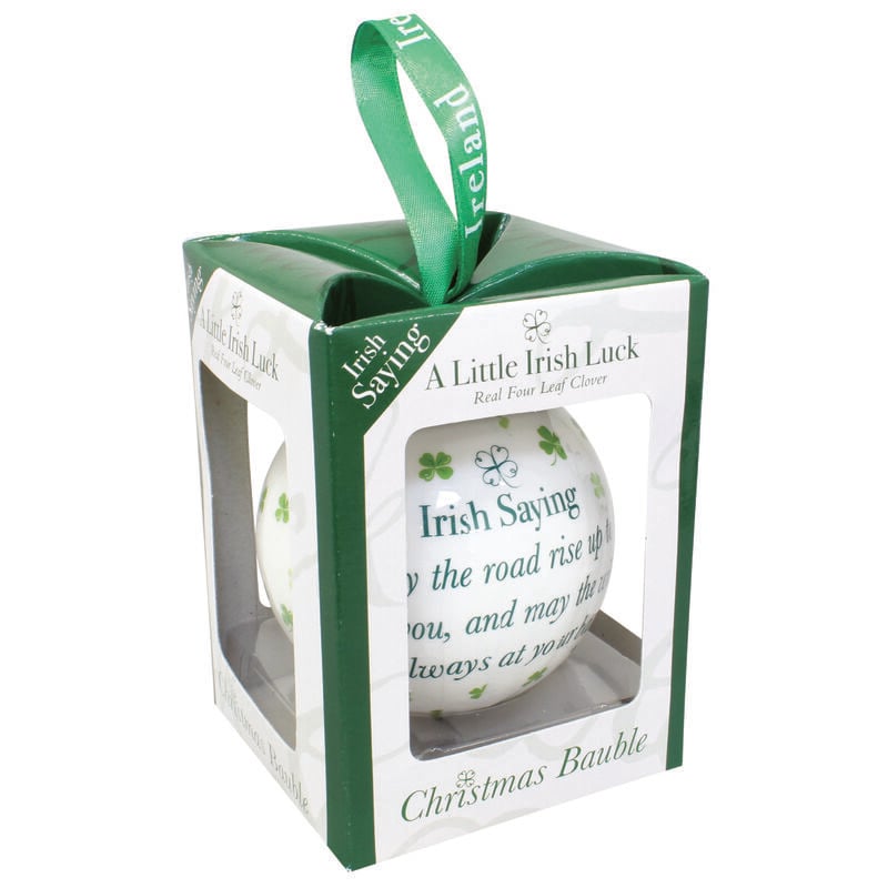4 Leaf Clover White Christmas Bauble With Irish Saying