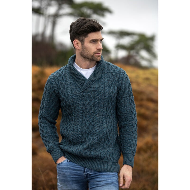 100% Merino Wool Peacock Colour Bunratty Shawl Collar Sweater