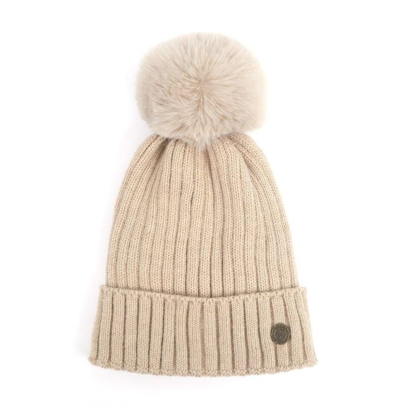 Celtic Weave Beige Ribbed Bobble Hat