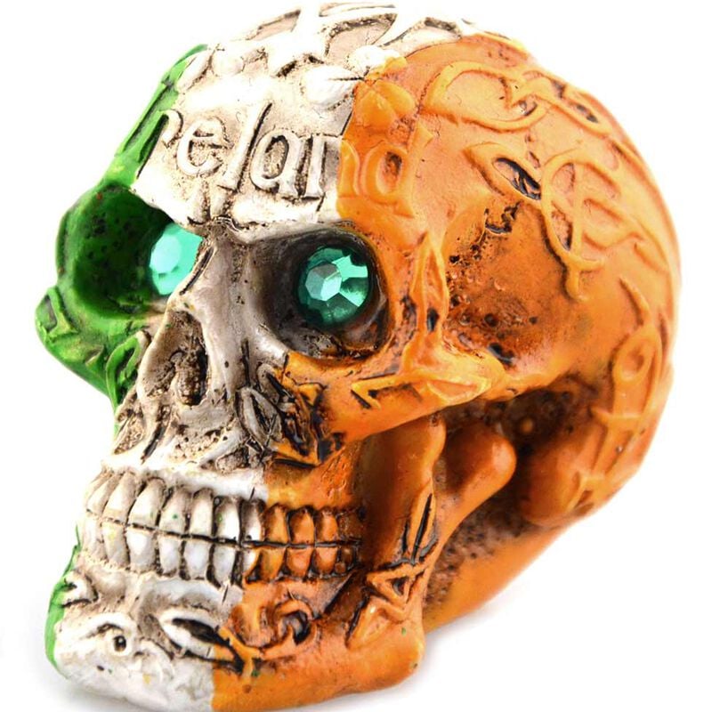 Mini Irish Tri-Colour Celtic Skull With Sparkly Green Gem Eyes Design