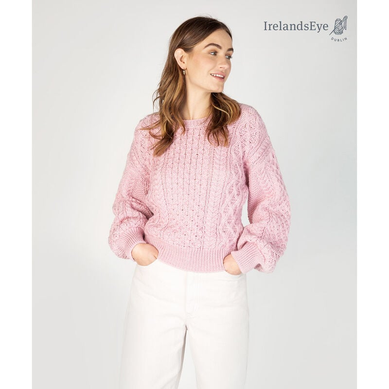 IrelandsEye Knitwear Honeysuckle Cropped Aran Sweater, Pink Colour