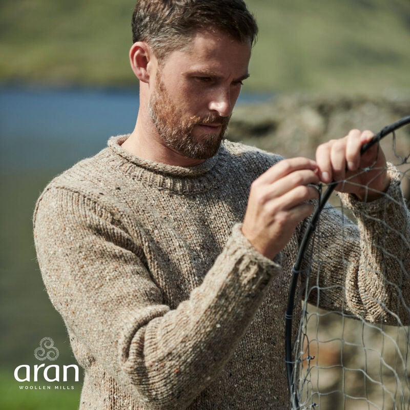Aran Woollen Mills Roll Crew Neck Mens Sweater Oatmeal