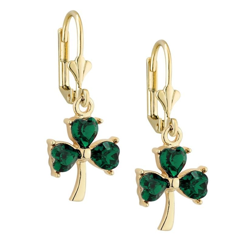 Gold Plated Green Irish Crystal Shamrock Designed Drop Earrings
