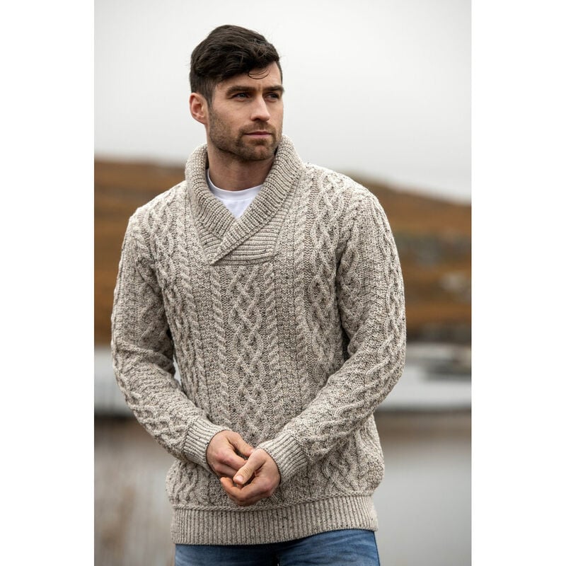 Herringbone Shawl Hooded Merino Wool Sweater, Oatmeal Colour