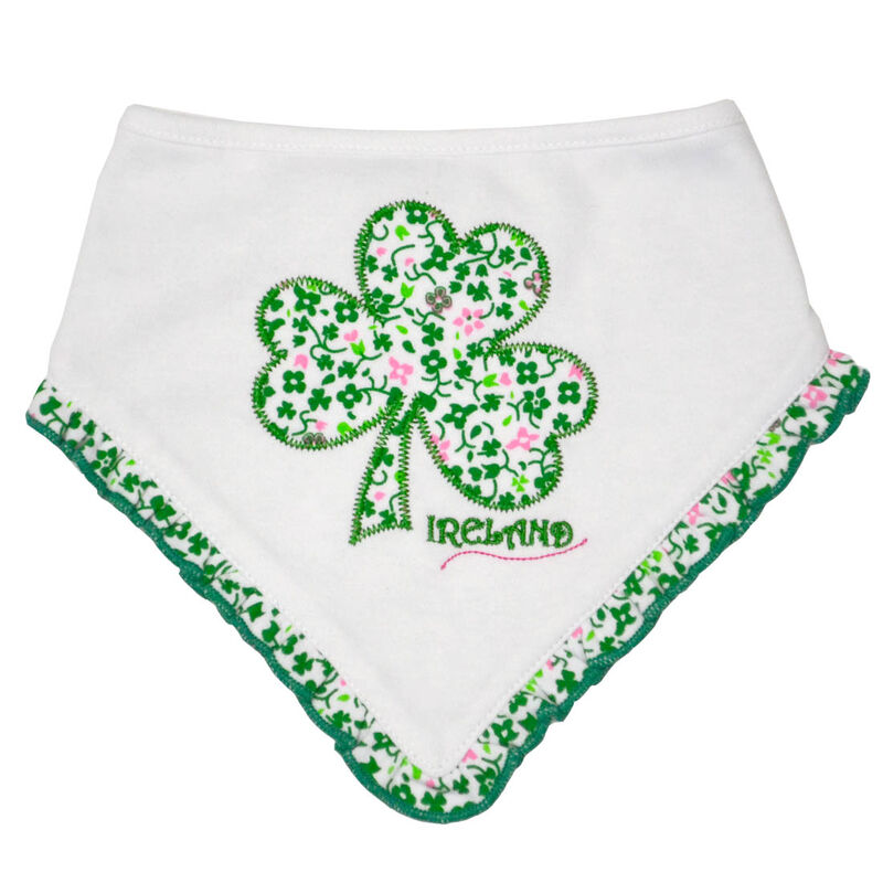 Irish Baby White Bandana Bib With Shamrock Flowers Design And Frilly Edge