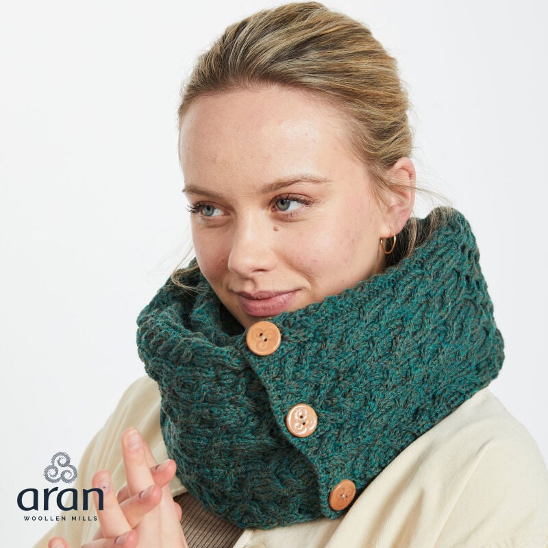 Aran Woollen Mills 100% Merino Wool Snood Scarf With Buttons, Connemara Green