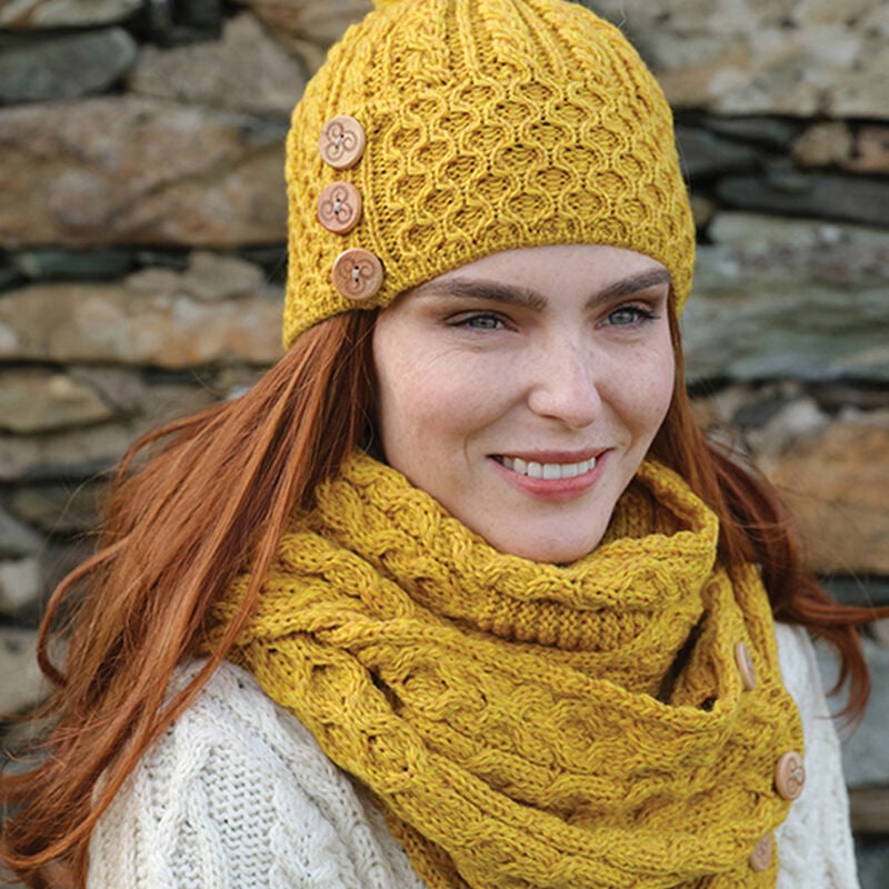 100% Merino Wool Bobble Hat With Three Wooden Buttons Design  Yellow Colour