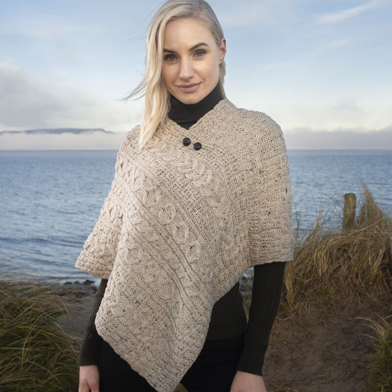 Aran Woollen Mills Oat Poncho With Button Detail