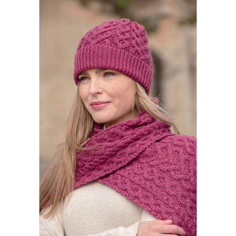 100% Super Soft Merino Wool Heart Designed Hat Scarf Set, Magenta Colour