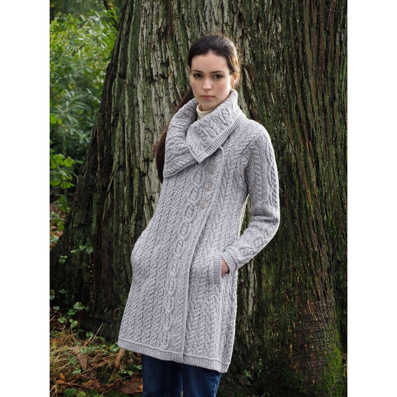 Light Grey Collar Aran Coat With Buttons