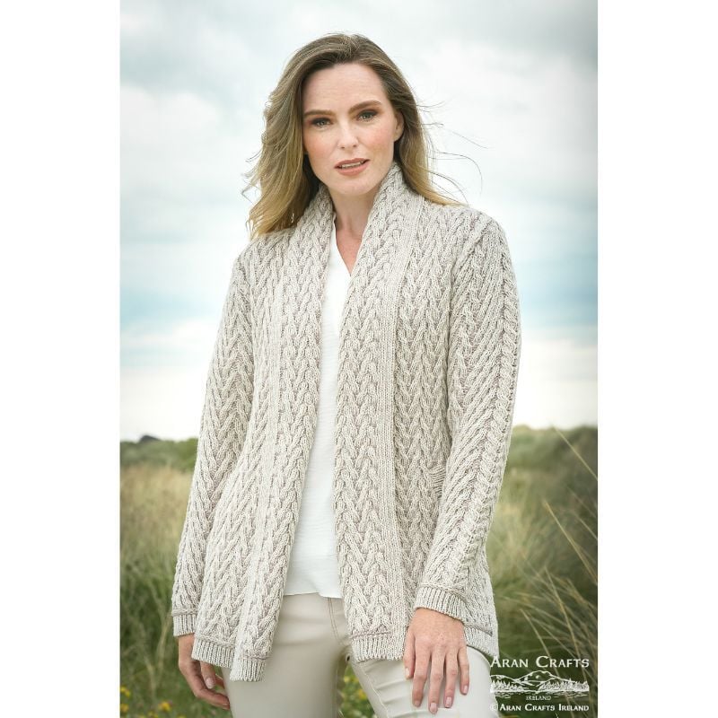 Aran Crafts Ladies Herringbone Edge To Edge Cardigan Stone