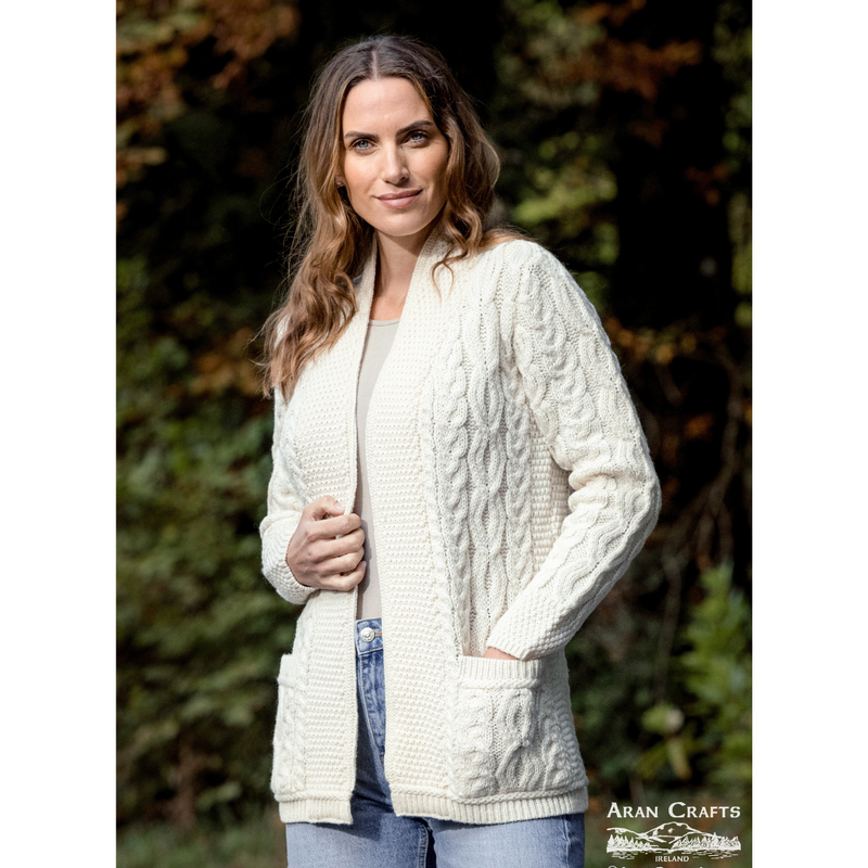 Aran Crafts Short Edge to Edge Cardigan 100% Merino Wool, Natural Colour