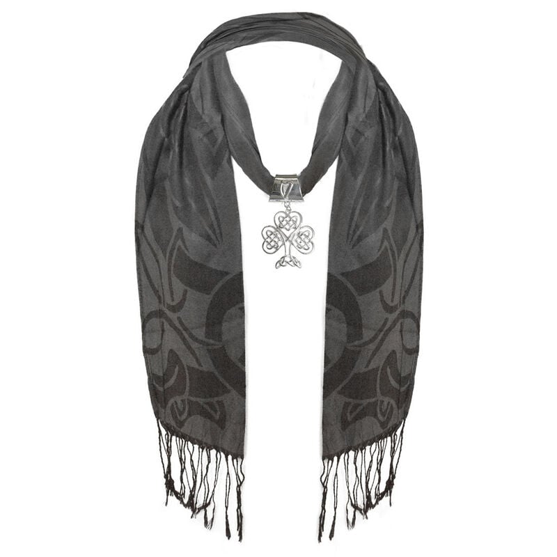 Ladies Black Designed Scarf With Large Metal Celtic Shamrock Pendant