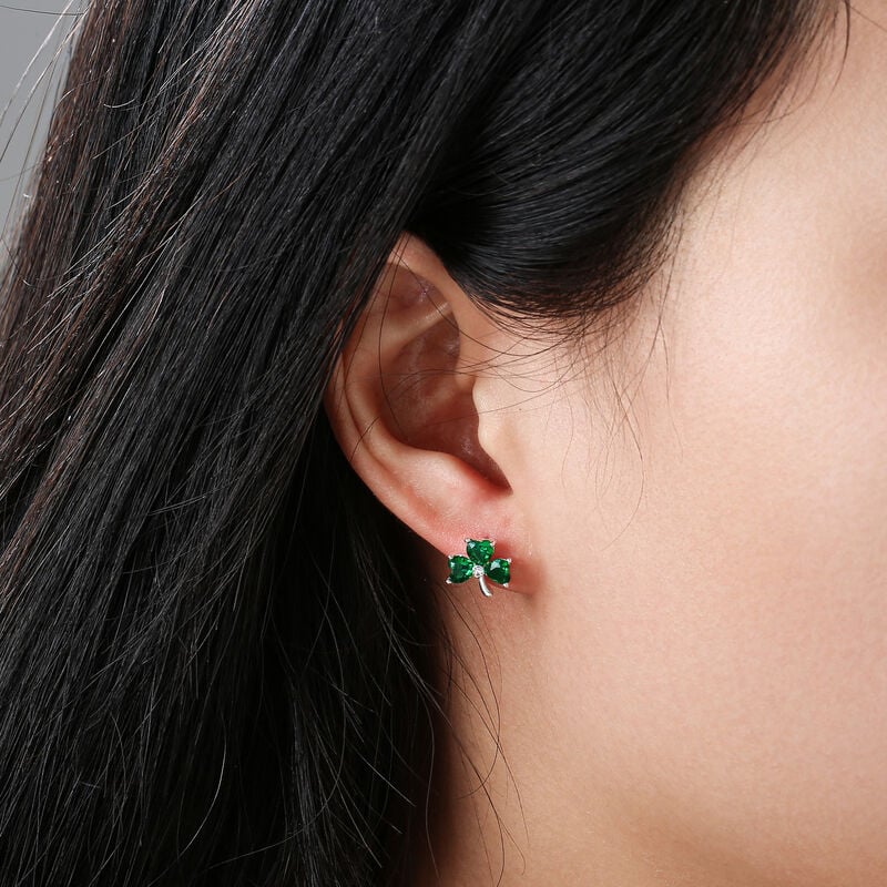 Gr&aacute; Collection Silver Plated Shamrock With 3 Green Cubic Zirconia Stones Earrings