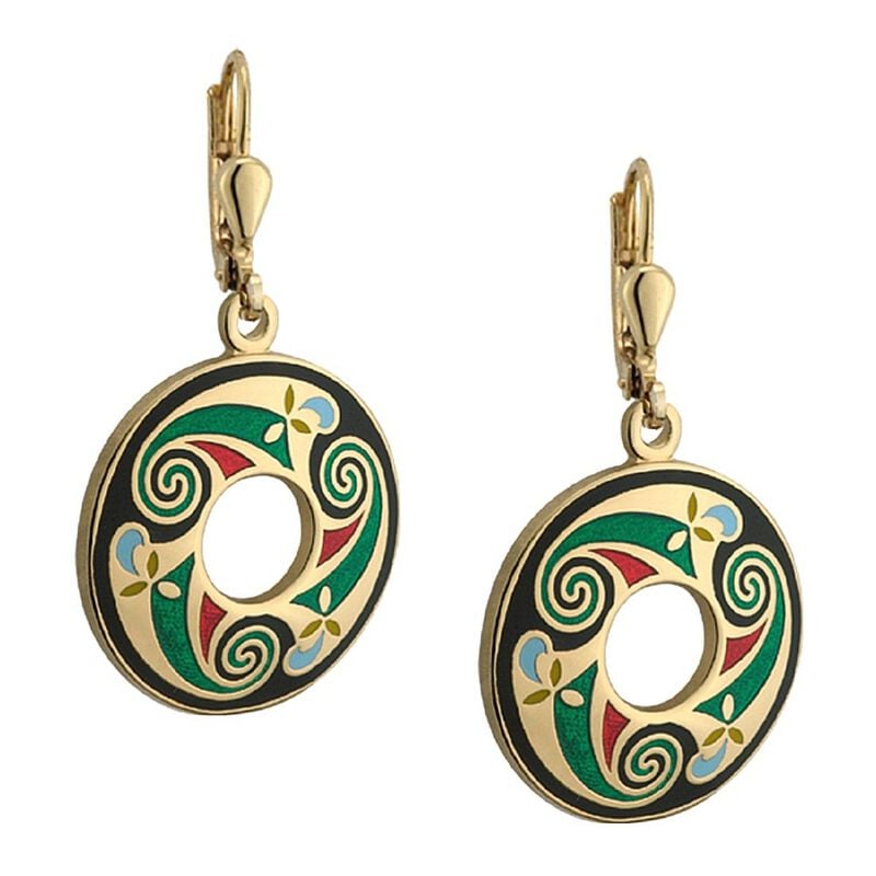 Gold Plated Round Earrings &ndash; Black  Green  Red  Gold Celtic Swirl