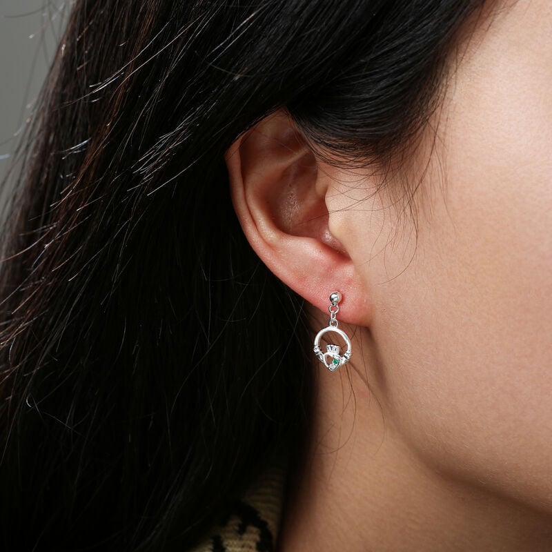 Gr&aacute; Collection Claddagh Green Stones Earrings Sterling Silver