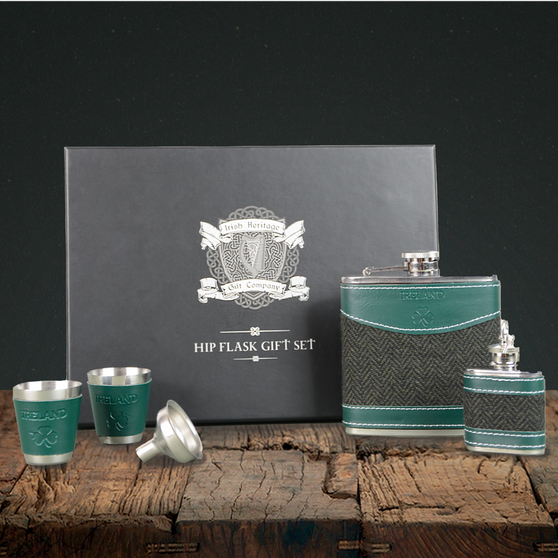 6OZ Hip Flask Set With Green herringbone Design