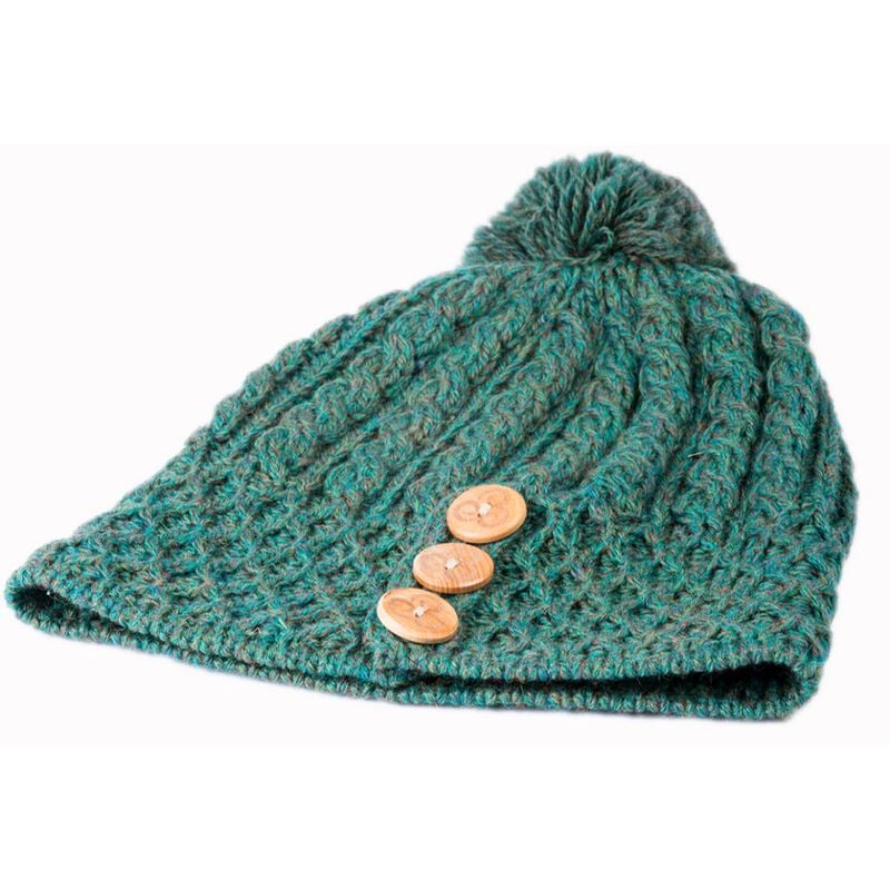 100% Merino Wool Aran Knit Hat With Pom Pom  Forest Green Colour