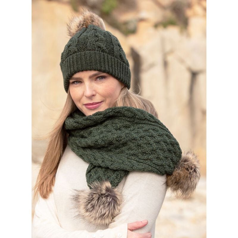 Irish Aran Knit Cable Pattern Knit Pom Pom Hat  Green Colour