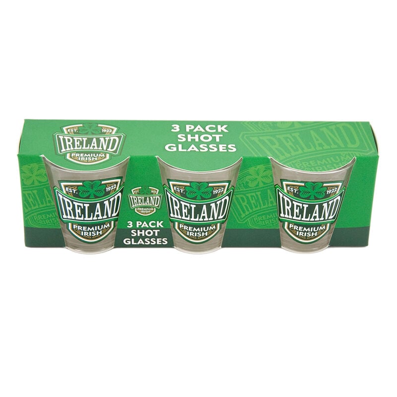 3 Pack Shot Glasses With Ireland  Premium Irish And Green Shamrock Design