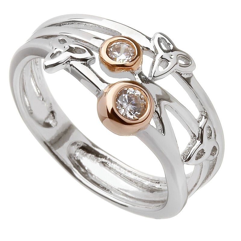 Hallmarked Sterling Silver Ring With Rose Gold Plated Circles And Trinity Knots