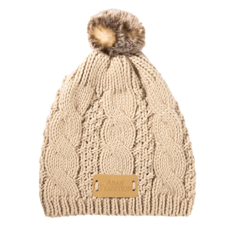 Kids Knit Style Aran Traditions Cable Knit Tammy Bobble Hat, Oatmeal Colour