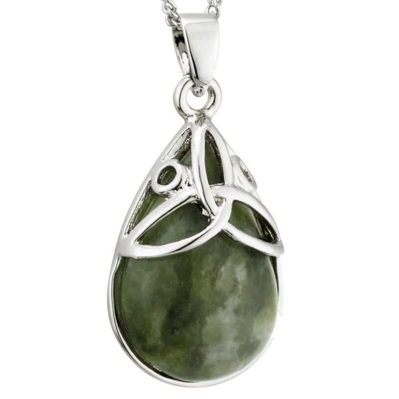 Rhodium Plated Green Cat Eye Oval Design Trinity Knot Pendant
