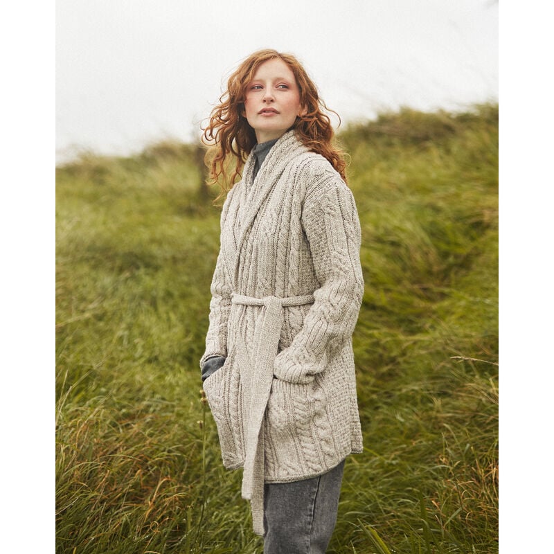 Aran Woollen Mills Shawl Neck Belted Oatmeal Cardigan