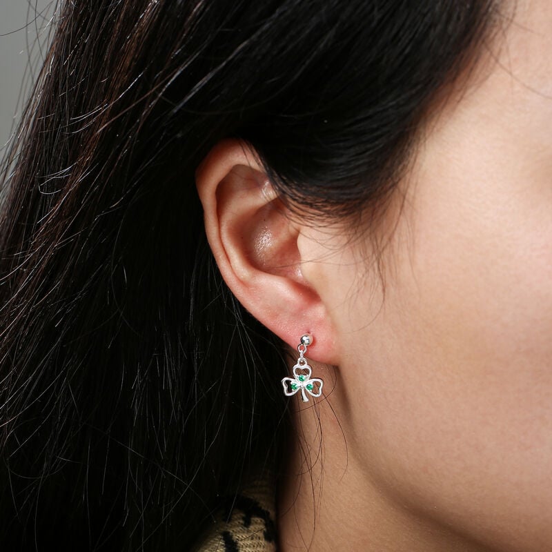 Gr&aacute; Collection Silver Plated Shamrock With 3 Mini Green Cubic Zirconia Stones Earrings