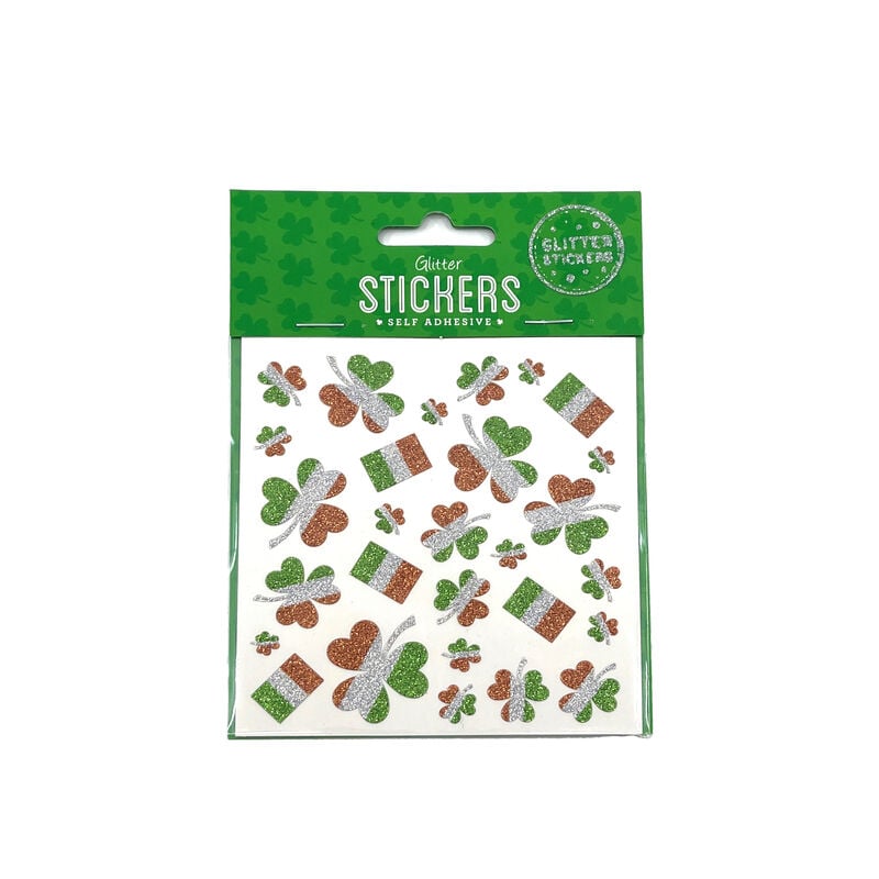 Pack Of 30 Tri-Colour Glitter Shamrock Stickers In Different Sizes