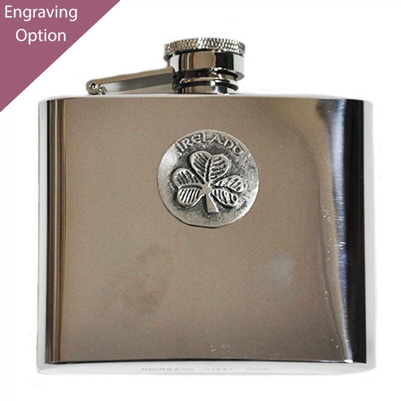 Mullingar Pewter Stainless Steel Hip Flask With Shamrock