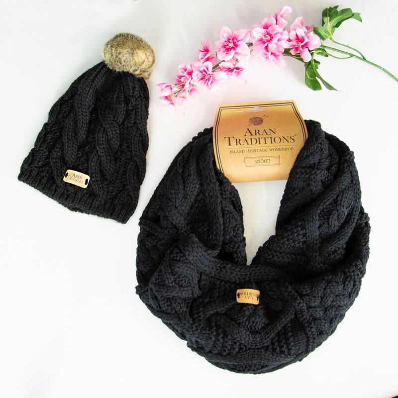 Aran Traditions Knitted Snood & Tammy Hat Set, Black Colour