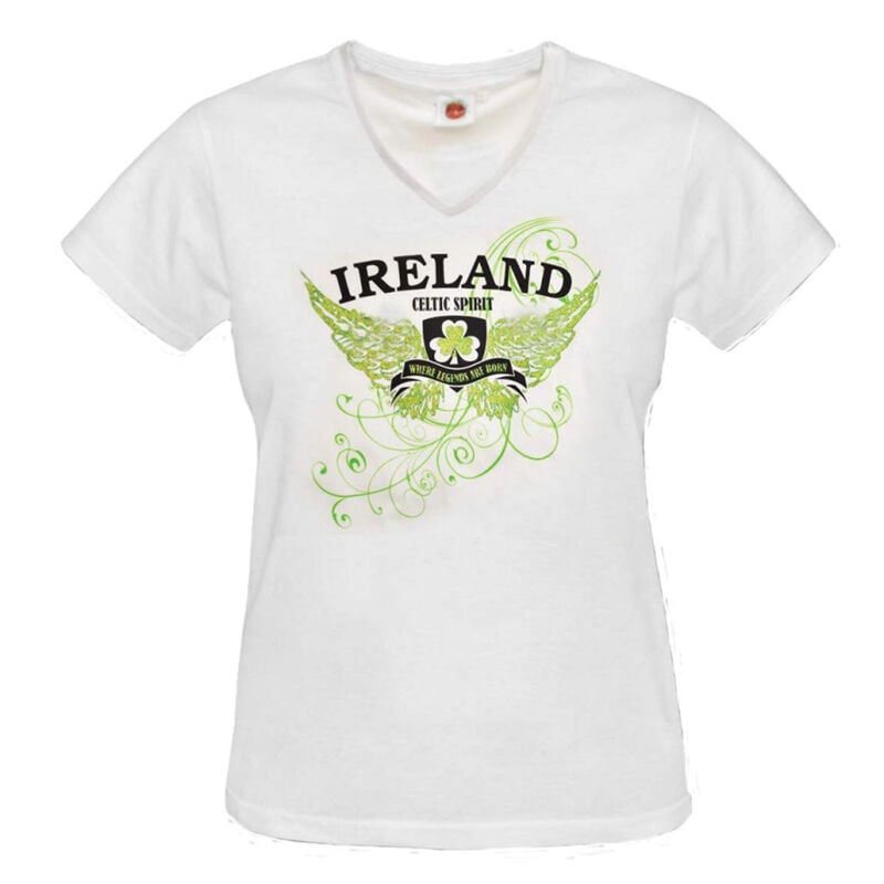 Ladies Fitted V-Neck T-Shirt With Ireland Wings Print  White Colour