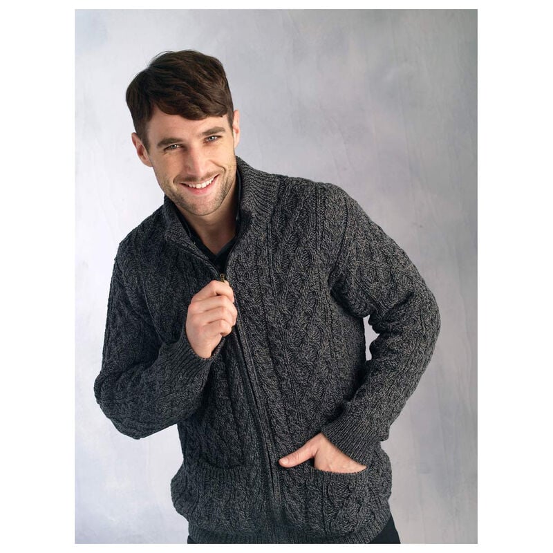 Men's Charcoal Aran Zip Cable Cardigan