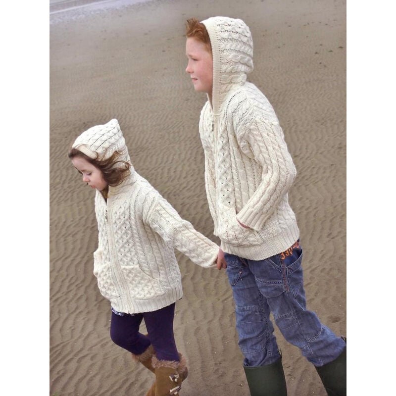 100% Merino Wool Aran Crafts Hooded Zip Cardigan With Pockets Ecru