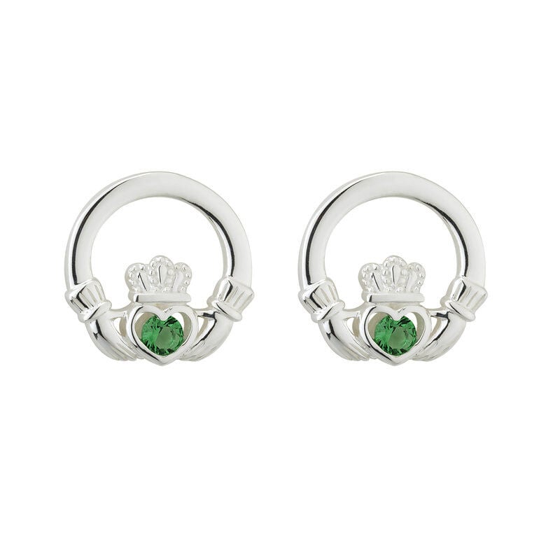 Hallmarked Sterling Silver Green Crystal Claddagh Stud Earrings
