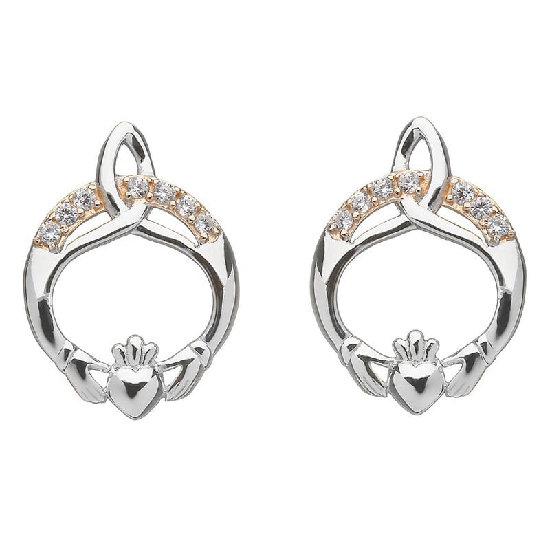 Hallmarked Sterling Silver Rose Gold Cubic Zirconia Claddagh Earrings
