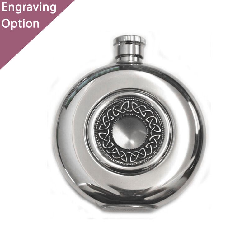 Mullingar Pewter Opened Face Whiskey Flask With Celtic Design
