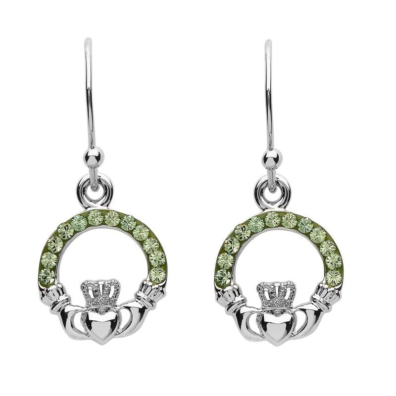 Platinum Plated Claddagh Stud Earrings With Peridot Crystals