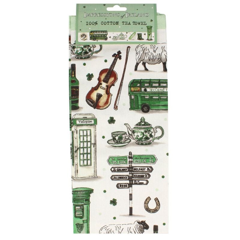 Impressions Of Ireland White And Green 100% Cotton Tea Towel