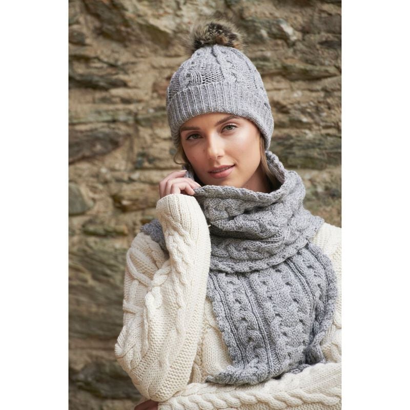 Irish Aran Knit Cable Pattern Knit Pom Pom Hat  Soft Grey Colour