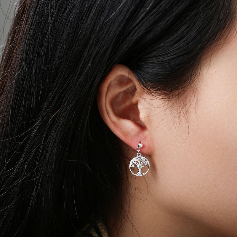 Gr&aacute; Collection Tree Of Life Green Stone Earrings Sterling Silver