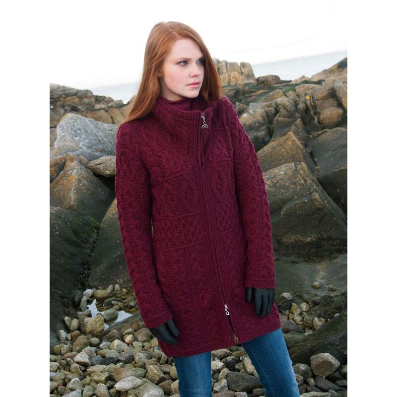 100% Merino Wool Double Collar Aran Zipper Coat, Wine Colour